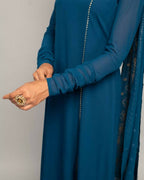 FIORRA Women's Teal Blue Creap A-Line Kurta Pant With Dupatta | Grocsy