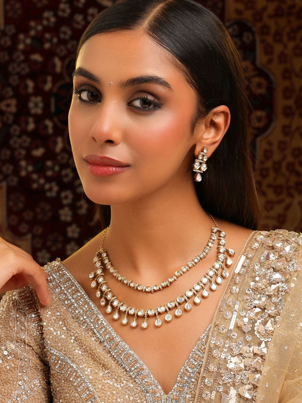Ruby Raang 3-Layered Neck Piece With Earrings | Grocsy