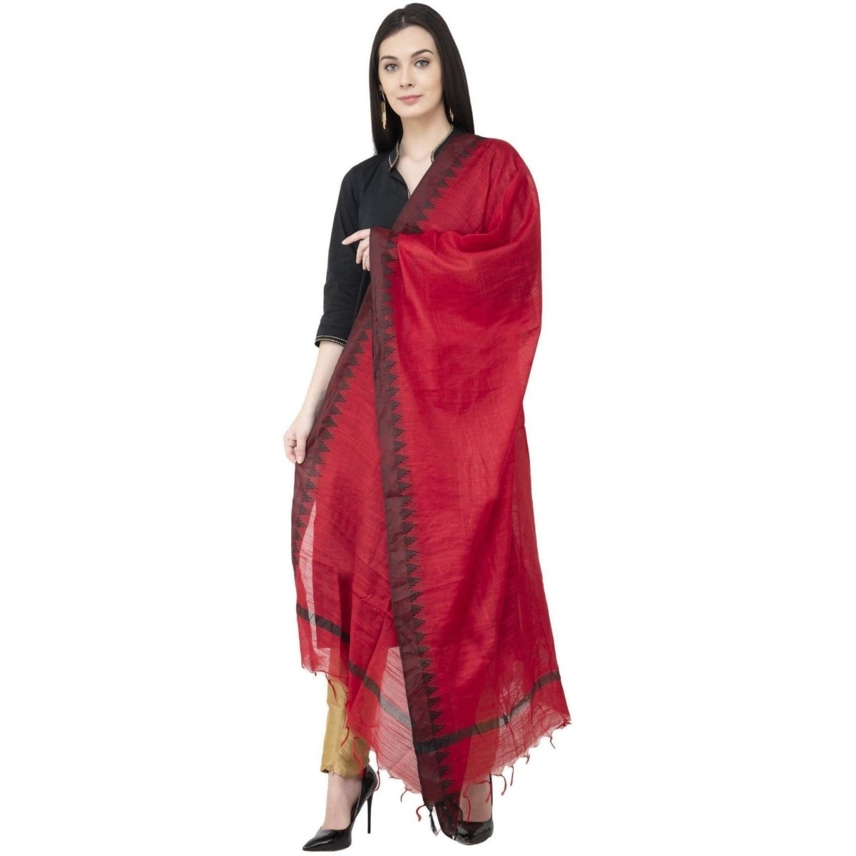 A R Silk Black Temple border Regular Dupatta Dark Red Color Dupatta or Chunni | Grocsy
