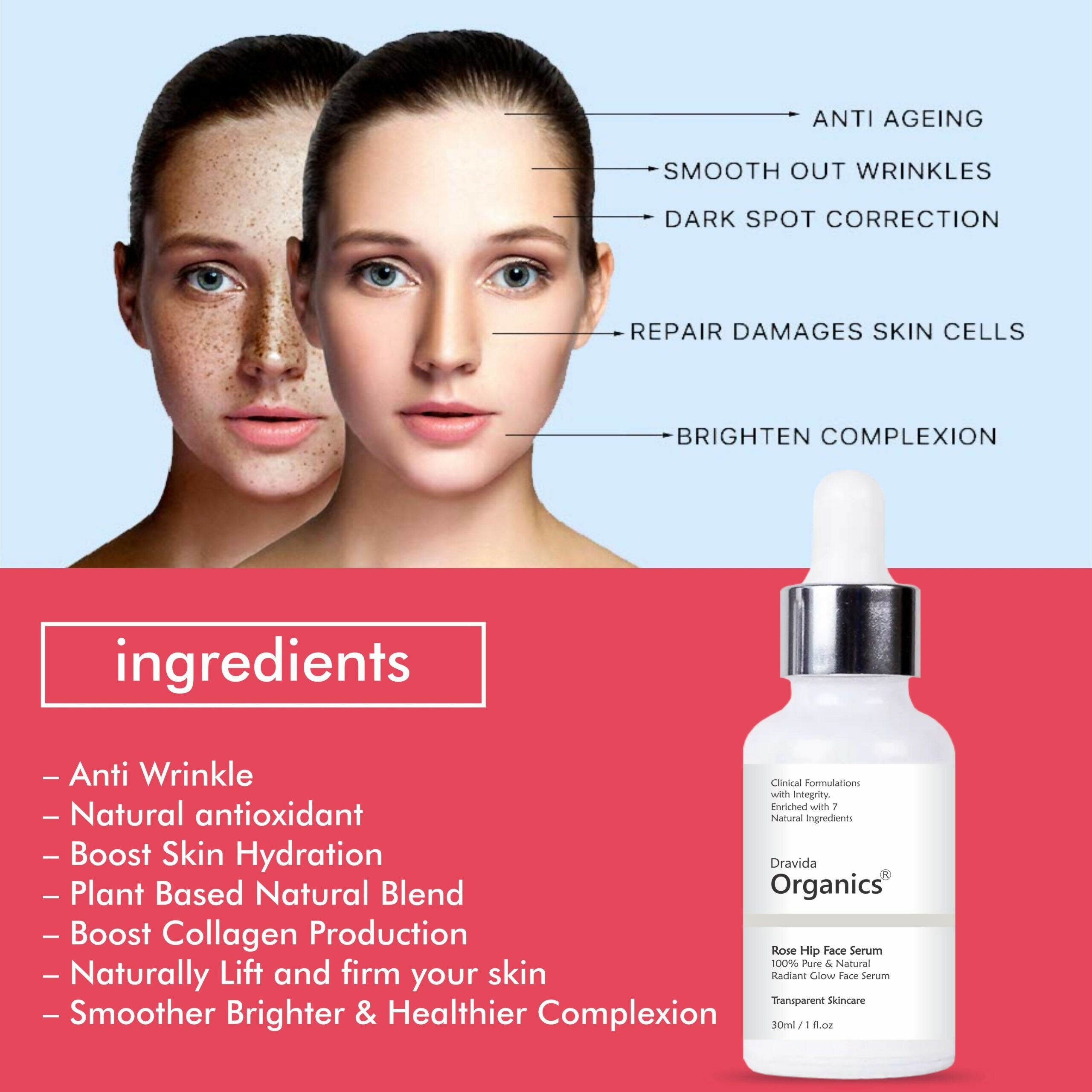 Dravida Organics Rose Hip Radiant Glow Face Serum for Men & Women | Grocsy