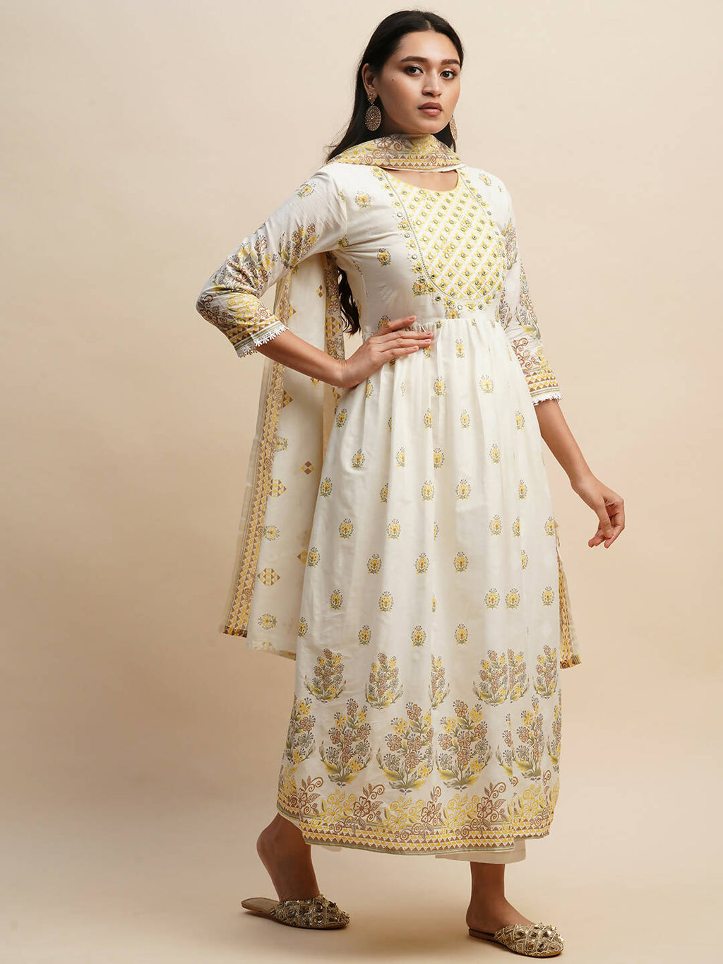 White And Yellow Pure Cotton Floral Printed Anarkali Kurta And Bottom With Dupatta - Akashara | Grocsy