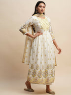 White And Yellow Pure Cotton Floral Printed Anarkali Kurta And Bottom With Dupatta - Akashara | Grocsy