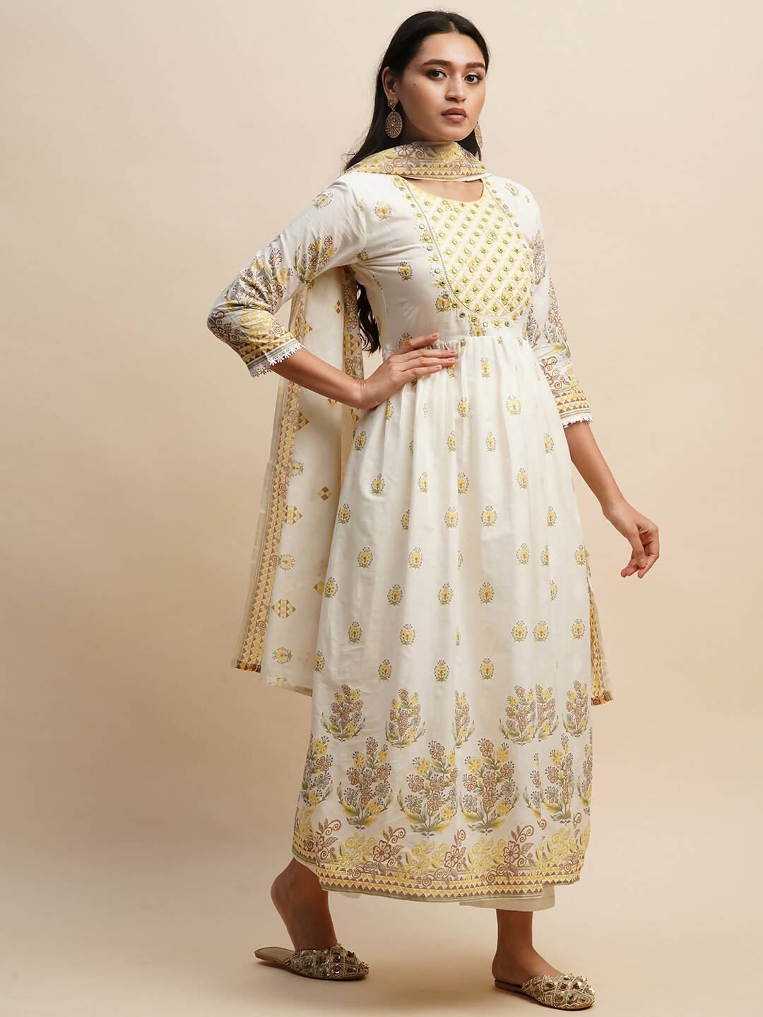 White And Yellow Pure Cotton Floral Printed Anarkali Kurta And Bottom With Dupatta - Akashara | Grocsy