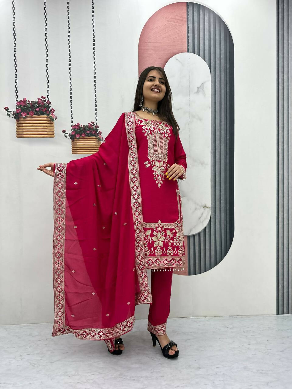 Teeya Creation Womens New Wedding Wear Heavy Embroidery Thread Work Pink Kurta Set | Grocsy