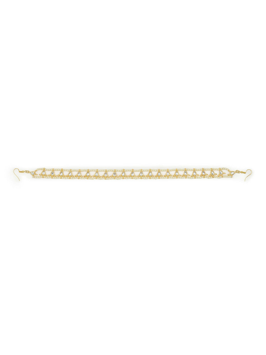 Gold-Polished White Kundan-Studded Pearl Beaded Hair Band - Ruby Raang | Grocsy