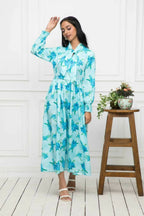 Myshka Women Blue Floral Rayon A-Line Shirt Collar Dress | Grocsy