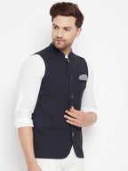 Even Apparels Navy Merino Men's Nehru Jacket-Contrast Lining-Inbuilt Pocket Square | Grocsy