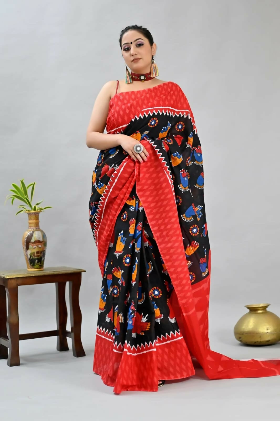 Exclusive Collection Black Red Beautiful Mulmul Cotton Saree | Grocsy