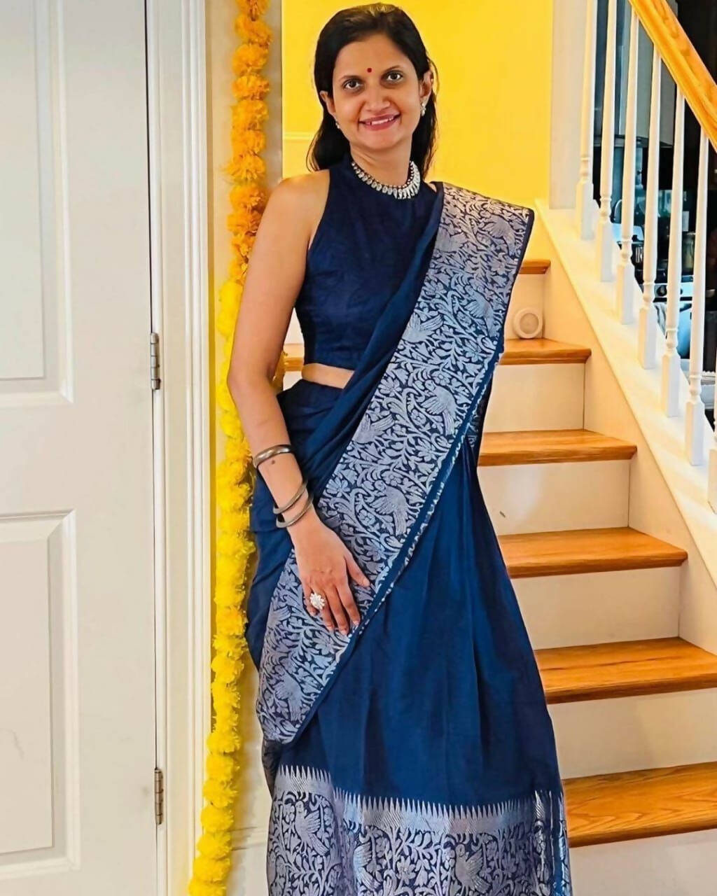 DEIANA'S Beautiful Designer Golden zari Soft Lichi Silk Saree - Blue | Grocsy