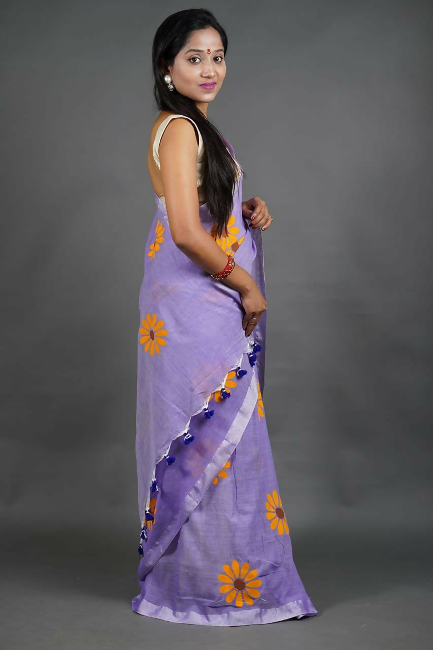 Exclusive Collection Light Violet Pure Cotton Saree With Sunflower Design | Grocsy
