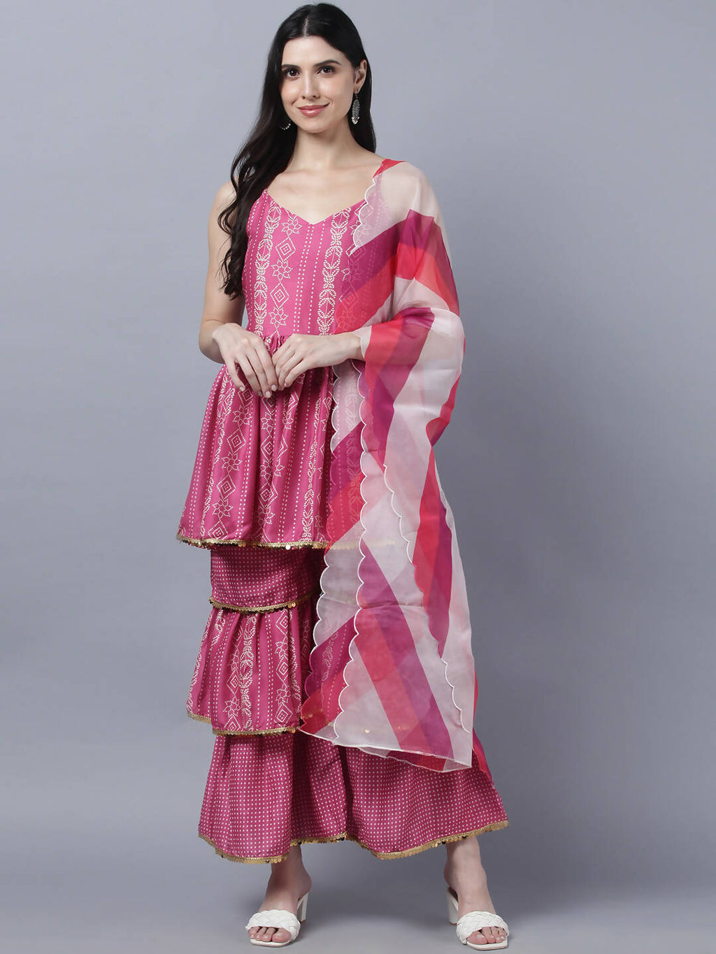 Myshka Stylish Pink Sleeveless Women's Kurta Sharara with Dupatta Set | Grocsy