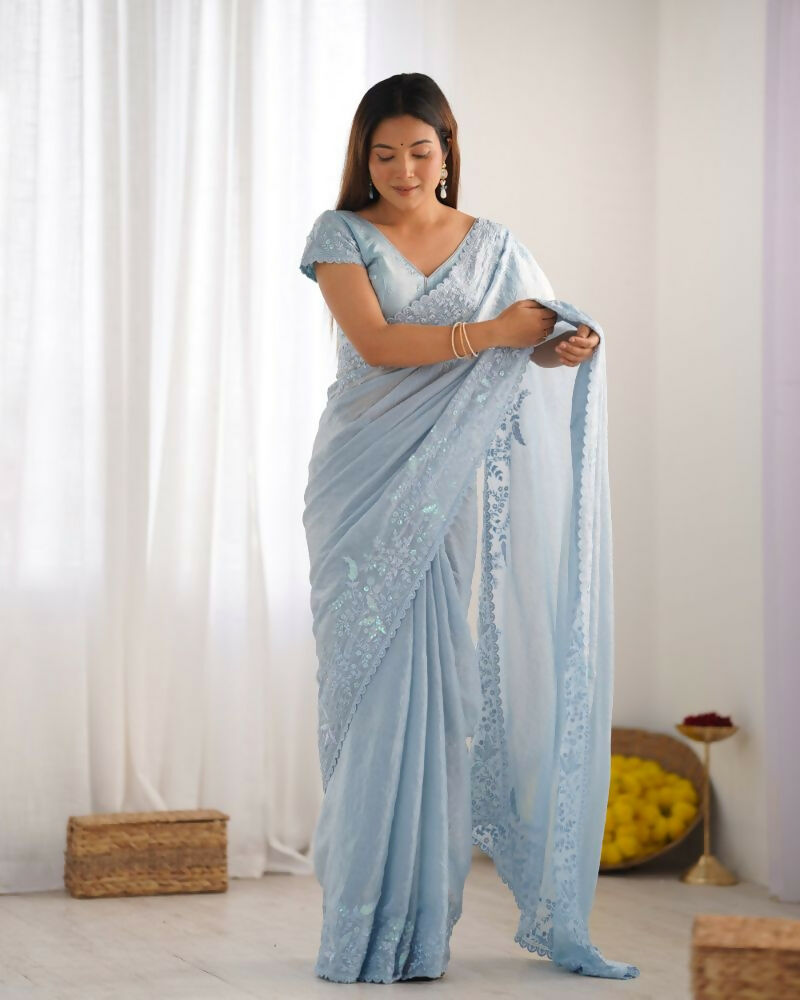 Vamsee Onam Sky Crushed Fandy Tissue Silk Saree | Grocsy