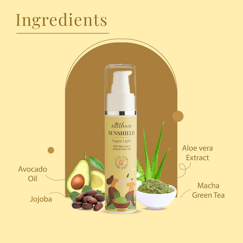 Satthwa Sunshield Super Light Sunscreen With Aloe Vera & Matcha Green Tea | Grocsy