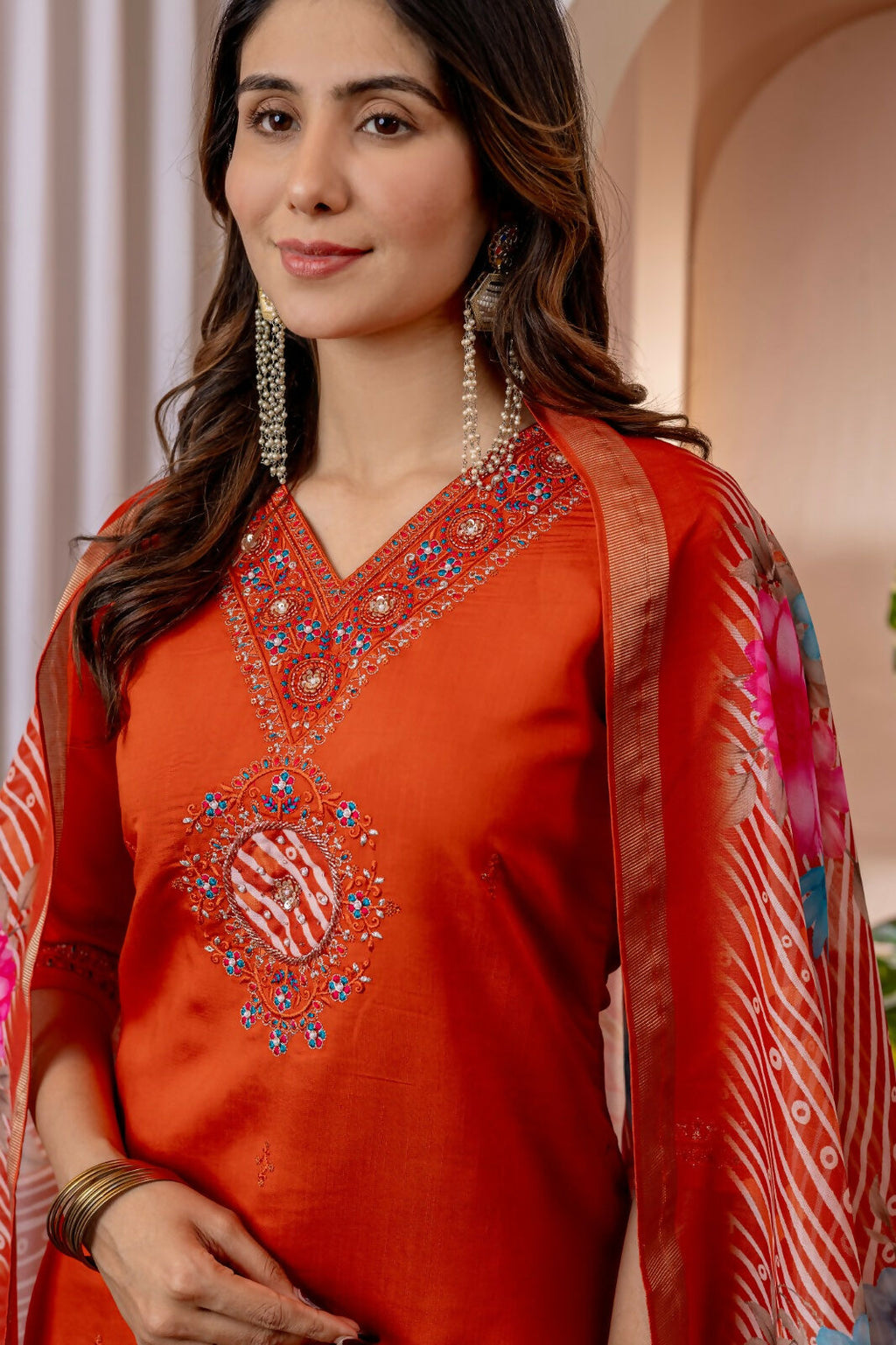 Teeya Creation Womens Orange Embroidered Kurta Pant Set | Grocsy