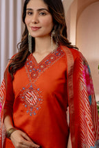 Teeya Creation Womens Orange Embroidered Kurta Pant Set | Grocsy