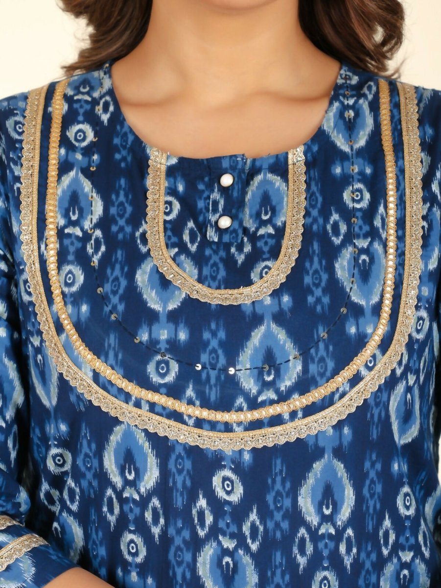 Aramya Straight Soft Cotton Ikat Print Women's Kurta Set - Blue | Grocsy