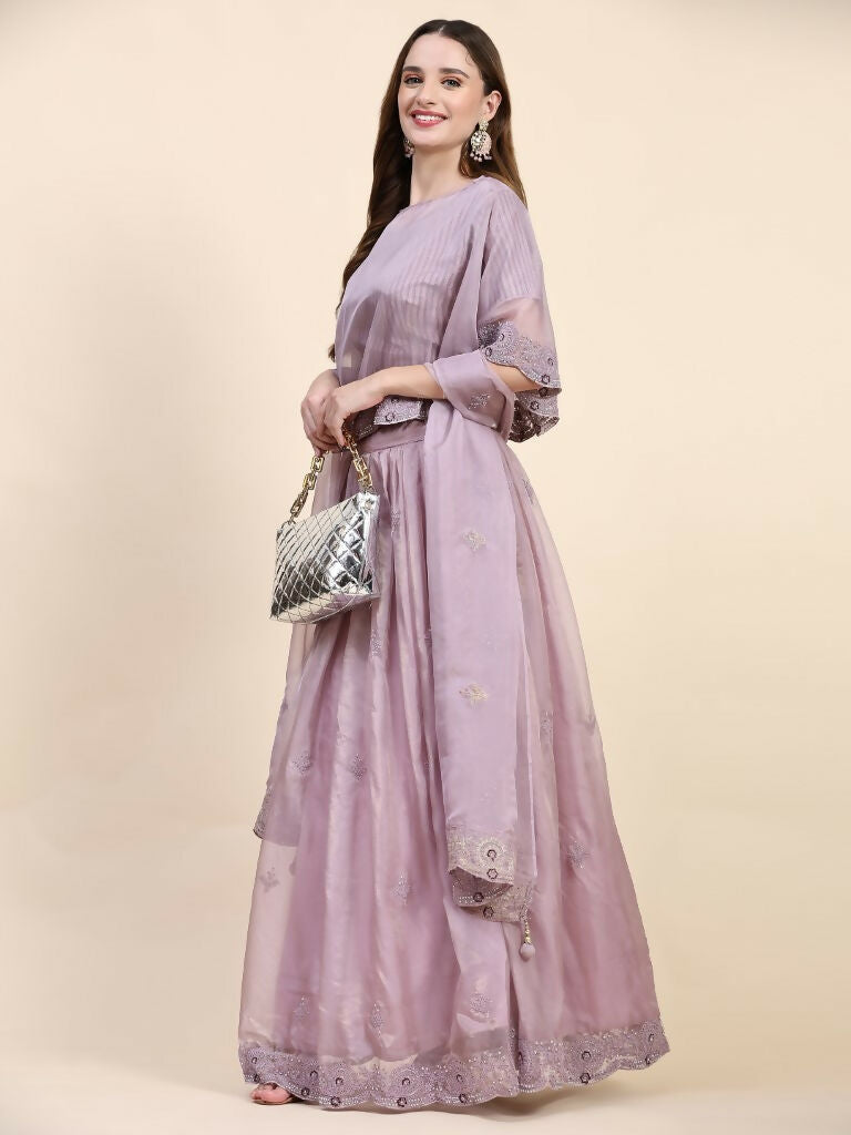 Purple Silk Embroidered Poncho Pattern Top & Lehenga with Dupatta - Tanya | Grocsy