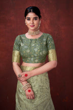 Pista Green Poly Habotai Silk Foil Print Saree with Unstitched Blouse - Kathari | Grocsy