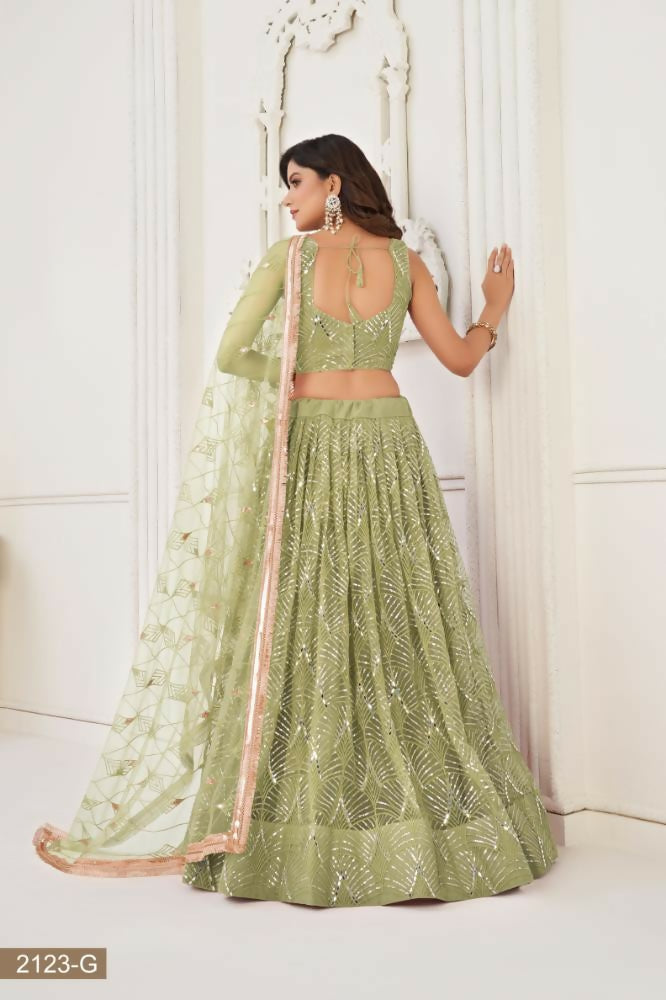 Aastha Fashion Pista Green Butterfly Net Tone To Tone Thread Work, Sequence Work And Original Mirror Work Embroidery Wedding Wear Lehenga Choli | Grocsy