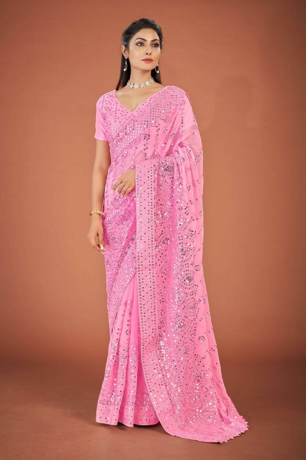 Vamsee Pink Georgette Designer Saree | Grocsy