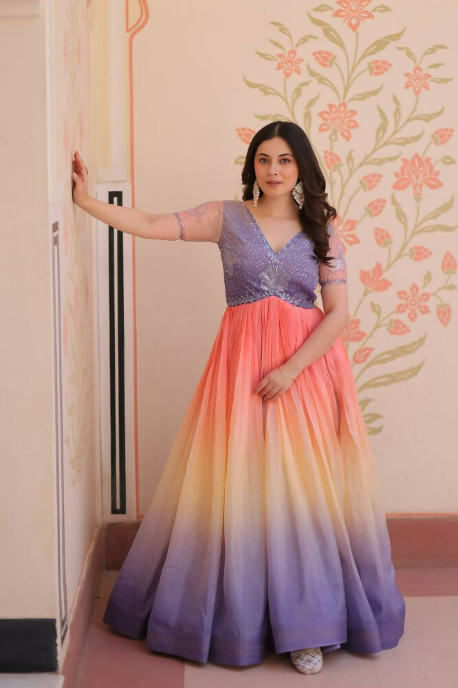 Vastranavya Purple Gold Crush Padding With Beads Embroidered Work Gown | Grocsy