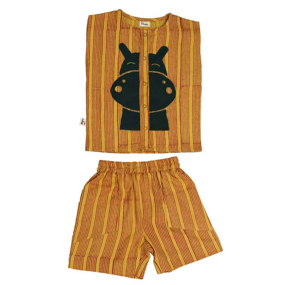 Mhyssa Motto Yellow and Red Half Sleeve T-shirt With Shorts Set For Kids | Grocsy