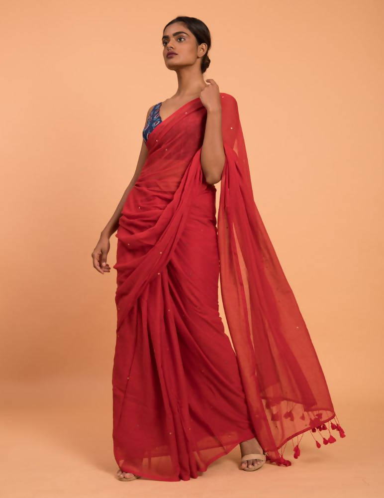 Suta Red Embellished Sequinned Pure Cotton Saree | Grocsy