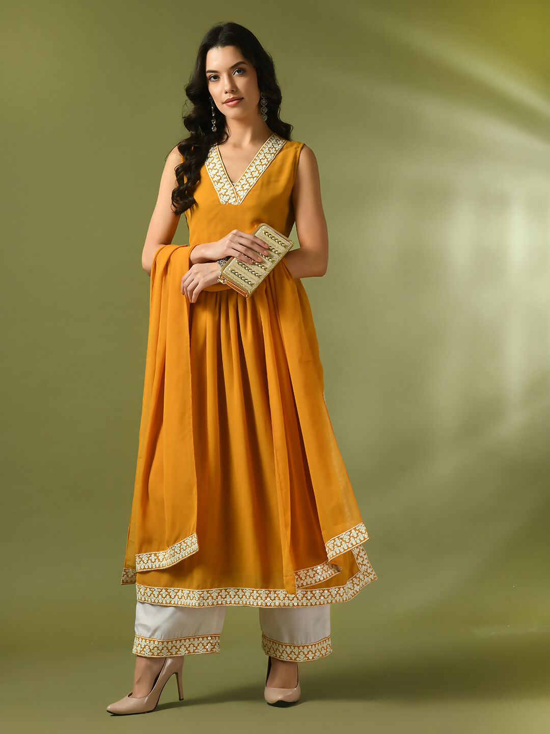 Myshka Women's Yellow Solid Georgette Anarkali Party Kurta Set With Dupatta | Grocsy