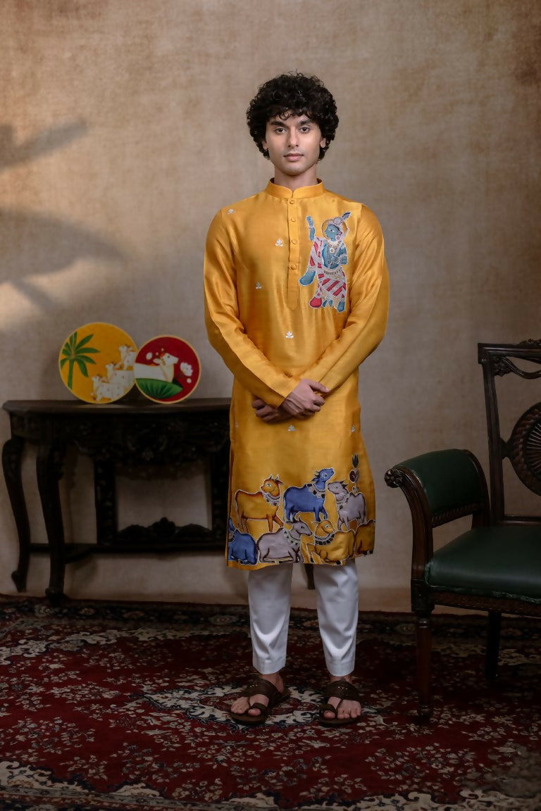 Falling Raw Silk Yellow Mural Krishna By Hilo Design | Grocsy