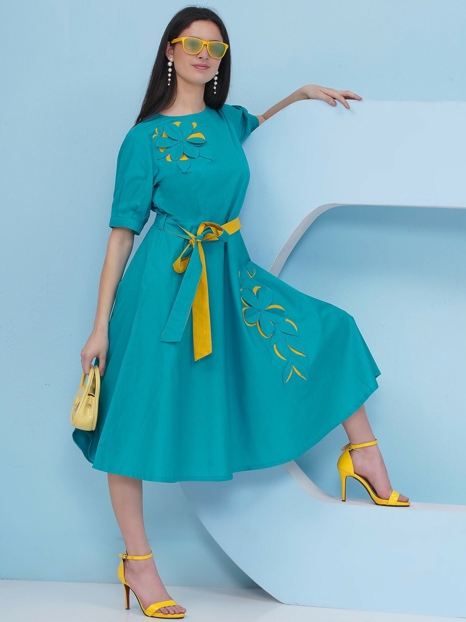 Joban Fashion Teal Blue Dress with Belt | Grocsy