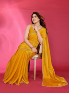 PR Fashion Yellow Jimmy Choo Fabric Palin With Work Lace Saree | Grocsy