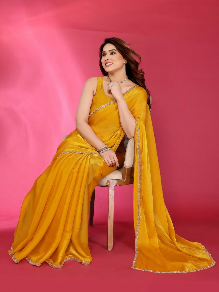 PR Fashion Yellow Jimmy Choo Fabric Palin With Work Lace Saree | Grocsy