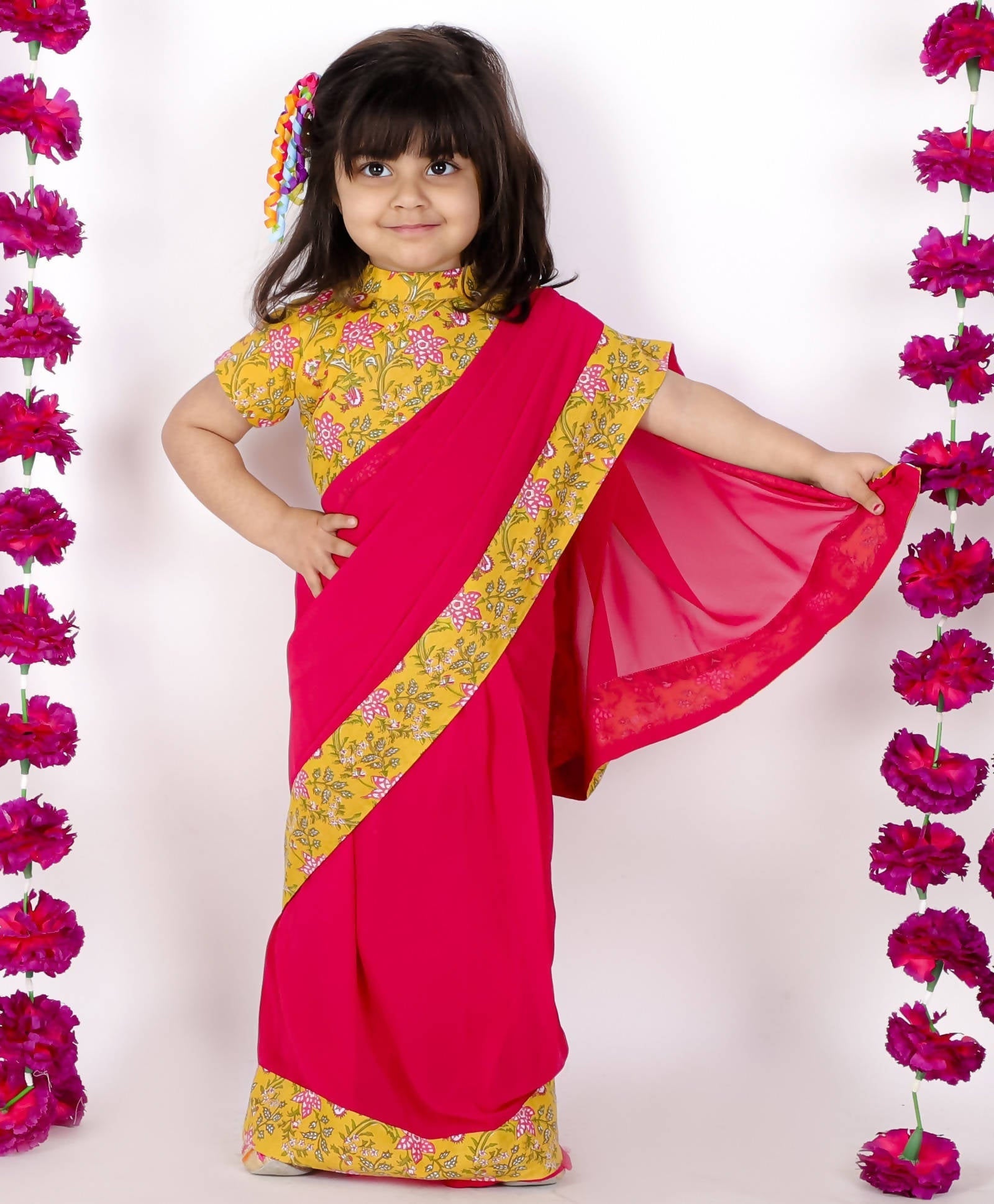 Little Bansi Girls Yellow and Magenta Red Saree with Floral Blouse | Grocsy