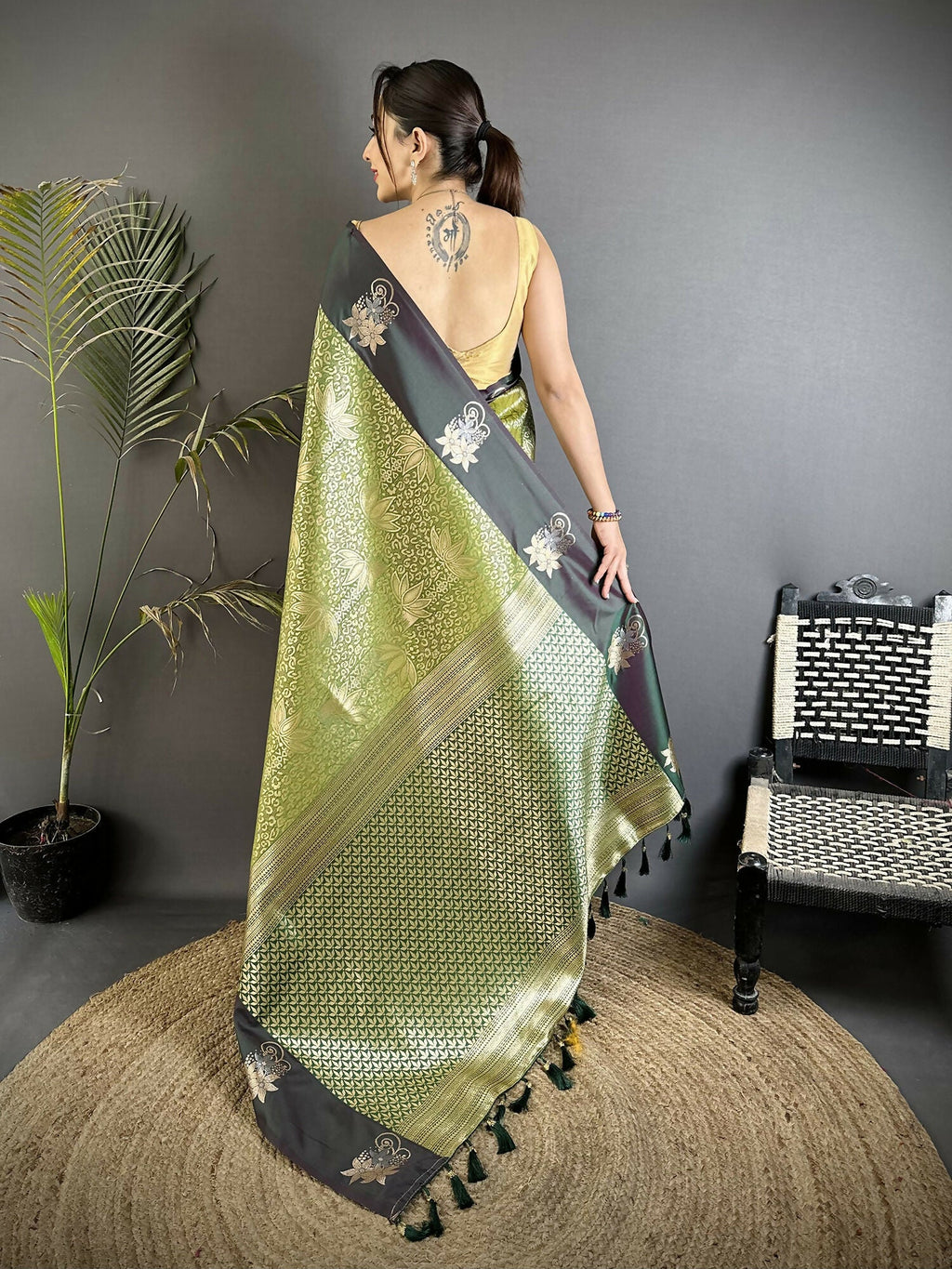 Joban Fashion Olive Green Intricate Zari Weaving Soft Silk Dharmavaram Saree | Grocsy