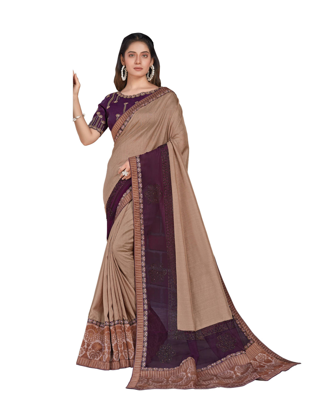 Beige, Purple Colored Tussar Silk Embroidered Saree With Blouse - Norita Royal Adveka | Grocsy