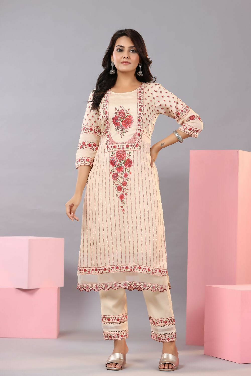 Juniper Women Ecru Muslin Floral Printed Kurta, Pants and Dupatta Set | Grocsy
