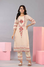 Juniper Women Ecru Muslin Floral Printed Kurta, Pants and Dupatta Set | Grocsy