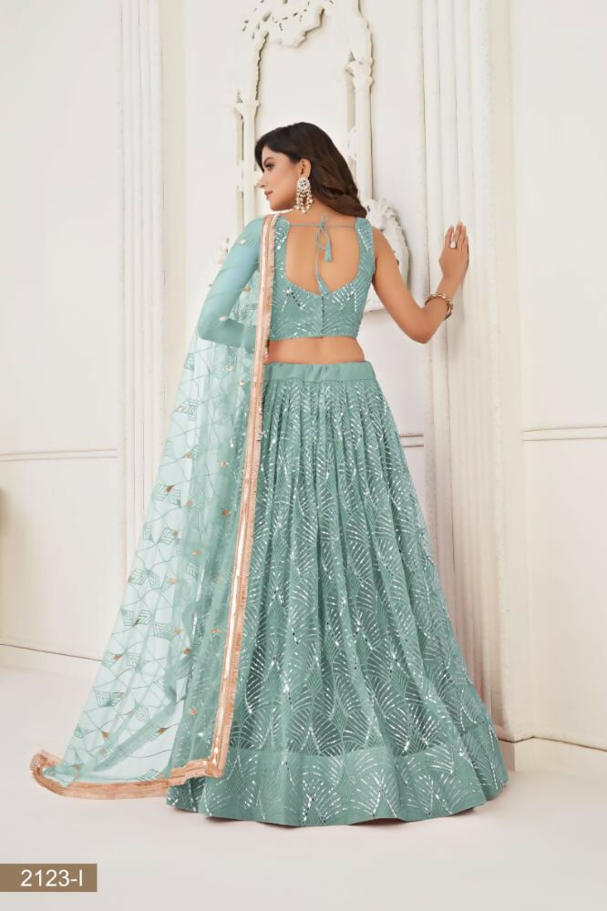 Aastha Fashion Ocean Blue Butterfly Net Tone To Tone Thread Work, Sequence Work And Original Mirror Work Embroidery Wedding Wear Lehenga Choli | Grocsy