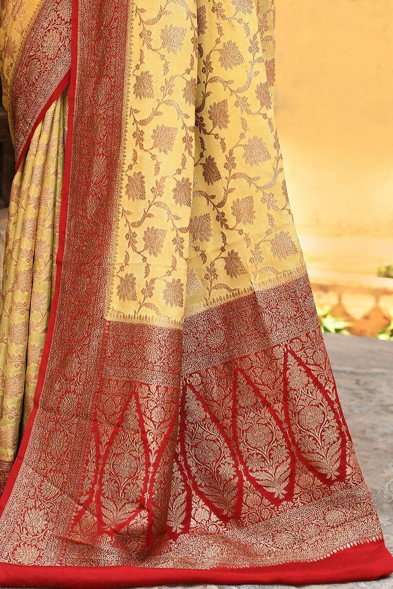 Joban Fashion Yellow Crepe Chiffon Pure Handloom Banarasi Silk Saree | Grocsy
