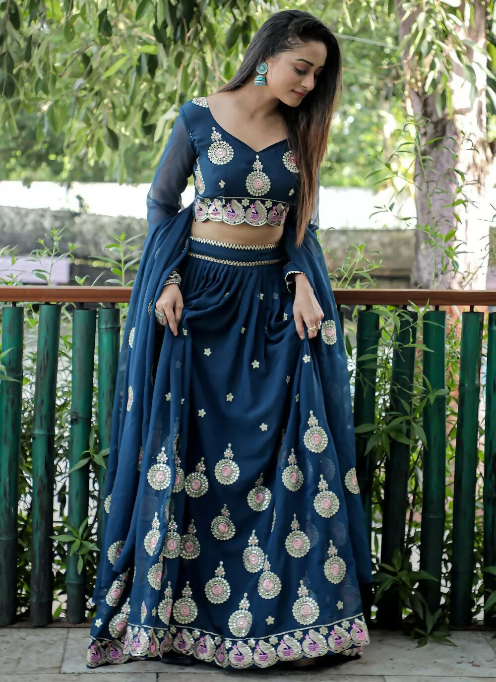 Jyoti Fashion Blue Sequence with Thread Zari Embroidery Georgette Lehenga Choli with Dupatta | Grocsy