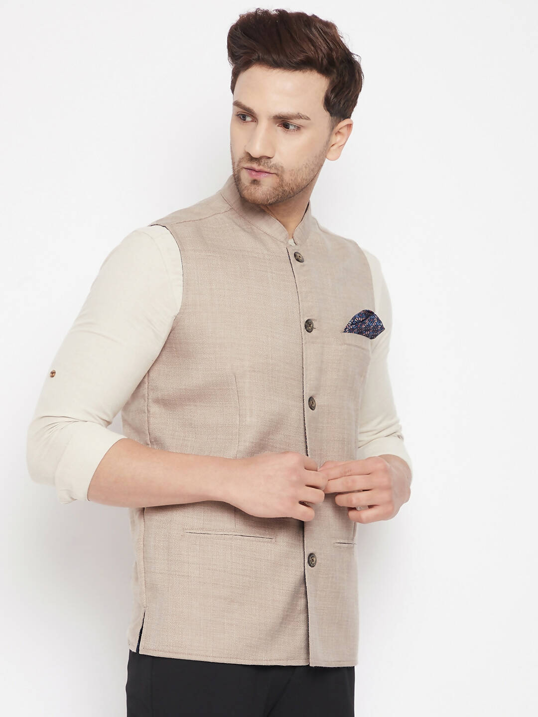 Even Apparels Cream Linen Men's Nehru Jacket-Contrast Lining-Inbuilt Pocket Square | Grocsy
