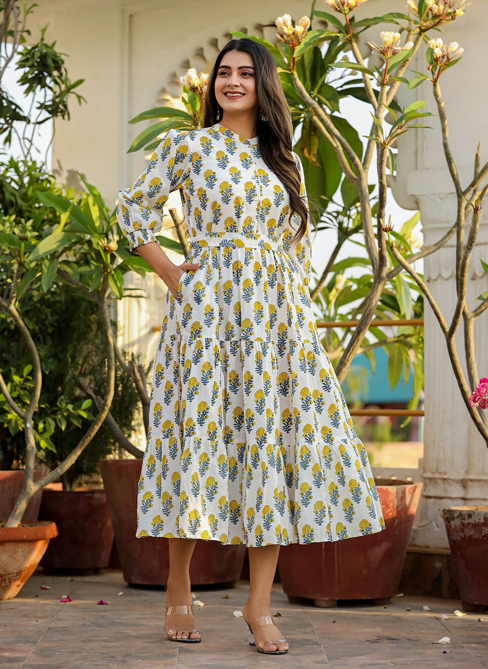Kaajh Women's White-Yellow Ethnic Floral Hand Block Print Cotton Dress | Grocsy