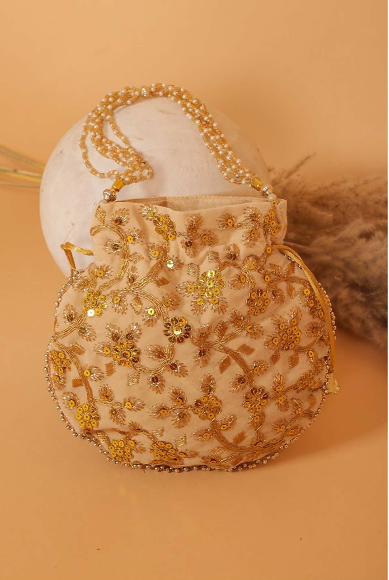 Joban Fashion Pearl Hand Work Potli Bag - Golden | Grocsy