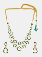 Ruby Raang Gold Polished Kundan Work Green Meenakari Kundan Layered Necklace With Earrings | Grocsy