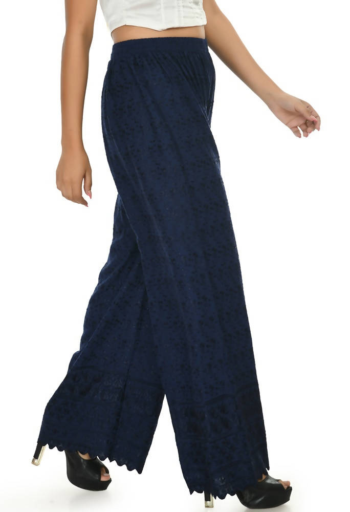 Mominos Fashion Moeza Reyon Cotton Navy Blue Chikan Work Palazzo | Grocsy