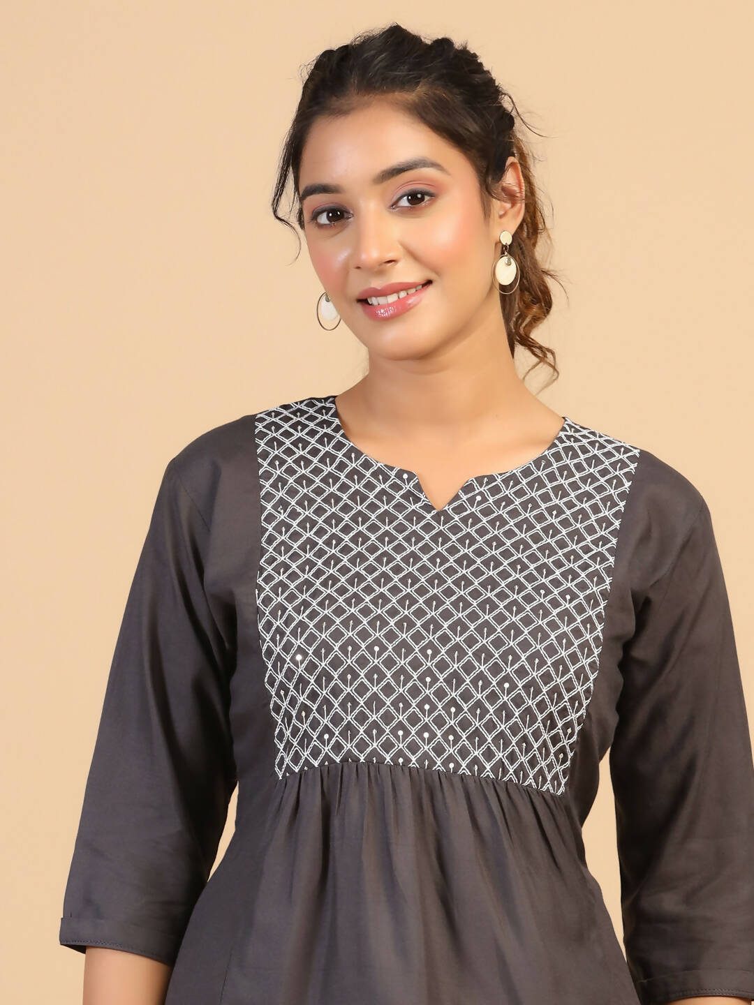 Womens Grey Rayon Yoke Embroidered Top - Keeva | Grocsy