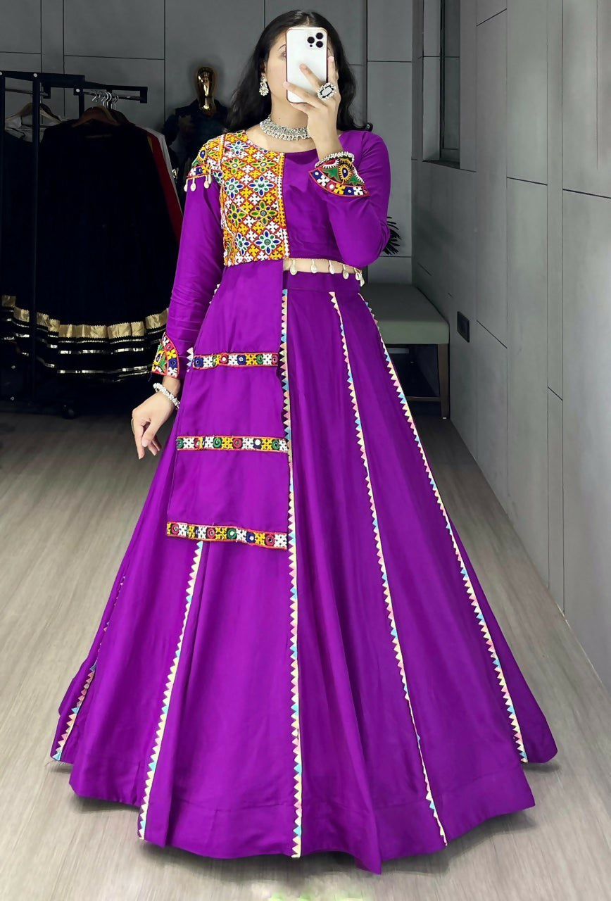 Yash Enterprise Purple Rayon Cotton Embroidery Semi Stitched Navratri Top Chaniya Choli | Grocsy