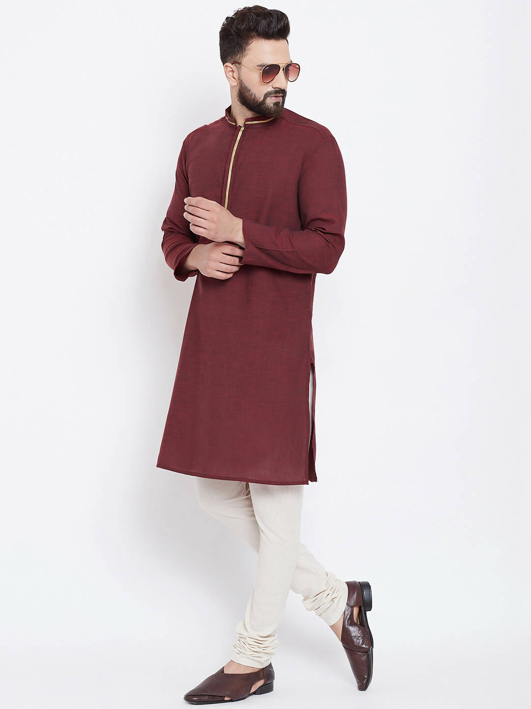 Even Apparels Maroon Pure Cotton Men's Kurta With Band Collar | Grocsy