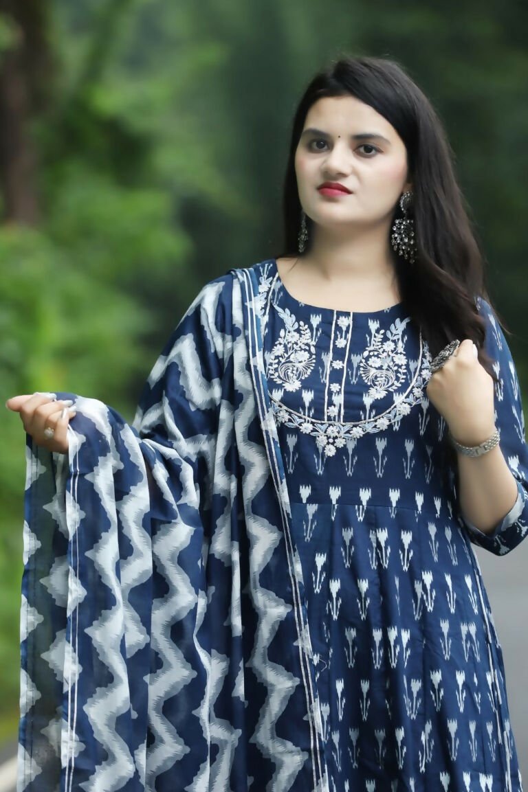 Alvano Anarkali Kurti with Pant and Dupatta set for Women and Girls Printed Cotton (Blue) | Grocsy