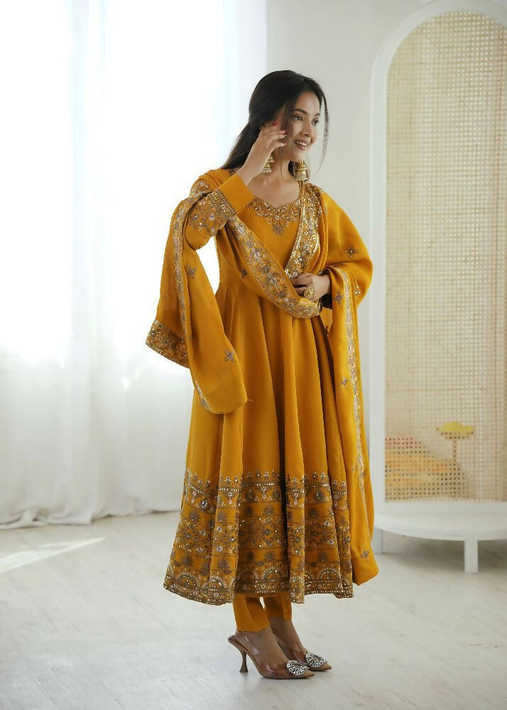 Teeya Creation Yellow Roman Silk Embroidery Work Party Wear long Gown | Grocsy